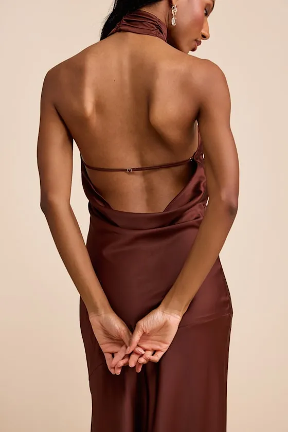 Madalena Dark Brown Satin Cowl Back Maxi Dress sold by Lulus product image thumbnail 2