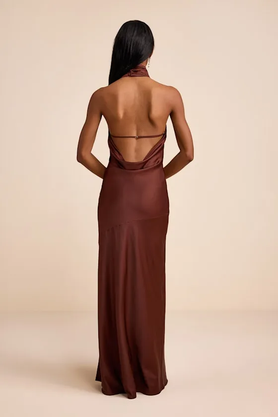 Madalena Dark Brown Satin Cowl Back Maxi Dress sold by Lulus product image thumbnail 3