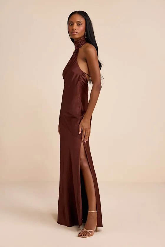 Madalena Dark Brown Satin Cowl Back Maxi Dress sold by Lulus product image thumbnail 4
