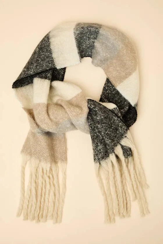 Averina Beige and Grey Striped Oversized Fringe Scarf sold by Lulus