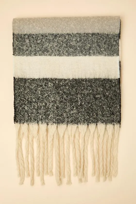 Averina Beige and Grey Striped Oversized Fringe Scarf sold by Lulus product image thumbnail 2