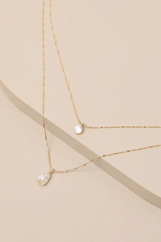 Leire Gold Rhinestone Pearl Layered Necklace sold by Lulus product image thumbnail 2