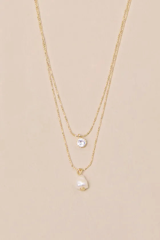 Leire Gold Rhinestone Pearl Layered Necklace sold by Lulus product image thumbnail 4