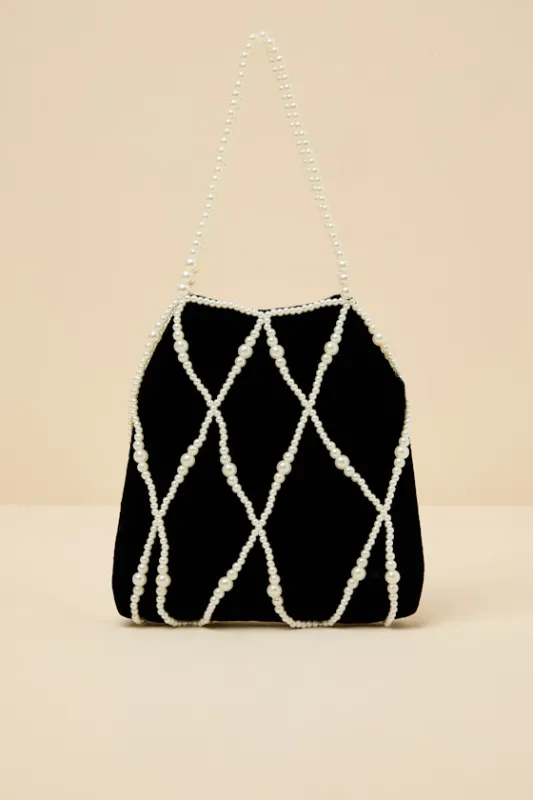 Gloria Black Velvet Pearl Pouch Handbag sold by Lulus