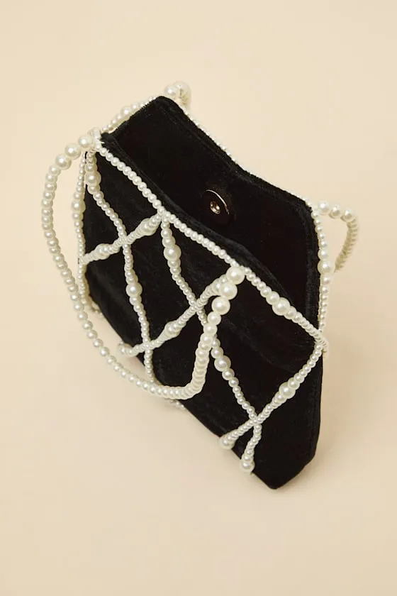 Gloria Black Velvet Pearl Pouch Handbag sold by Lulus product image thumbnail 3