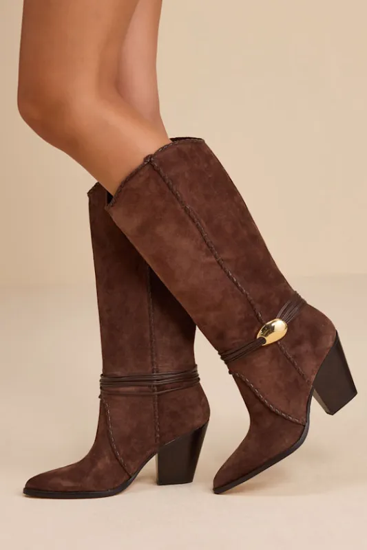 Jody Dark Brown Suede Leather Stitched Knee-High Boots sold by Lulus