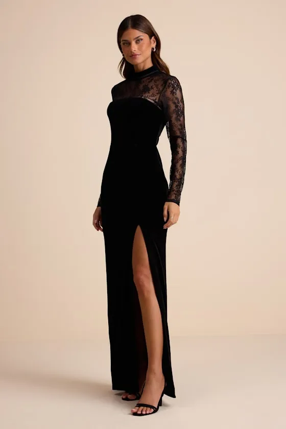 Avalia Black Velvet Lace Mock Neck Maxi Dress sold by Lulus product image thumbnail 4