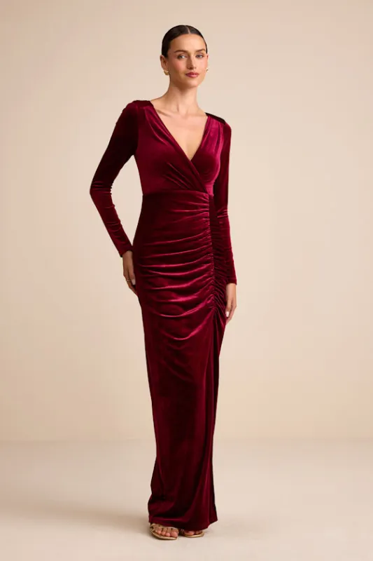 Yasna Burgundy Velvet Ruched Surplice Long Sleeve Maxi Dress sold by Lulus