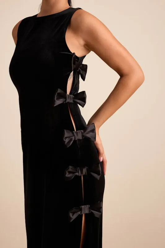 Cordelia Black Velvet Bow Cutout Column Maxi Dress sold by Lulus