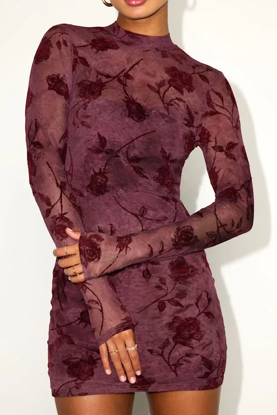Seranda Burgundy Floral Mesh Mock Neck Mini Dress sold by Lulus product image thumbnail 2