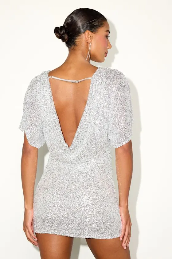 Aravalli Silver Sequin Cowl Back Short Sleeve Mini Dress sold by Lulus product image thumbnail 4
