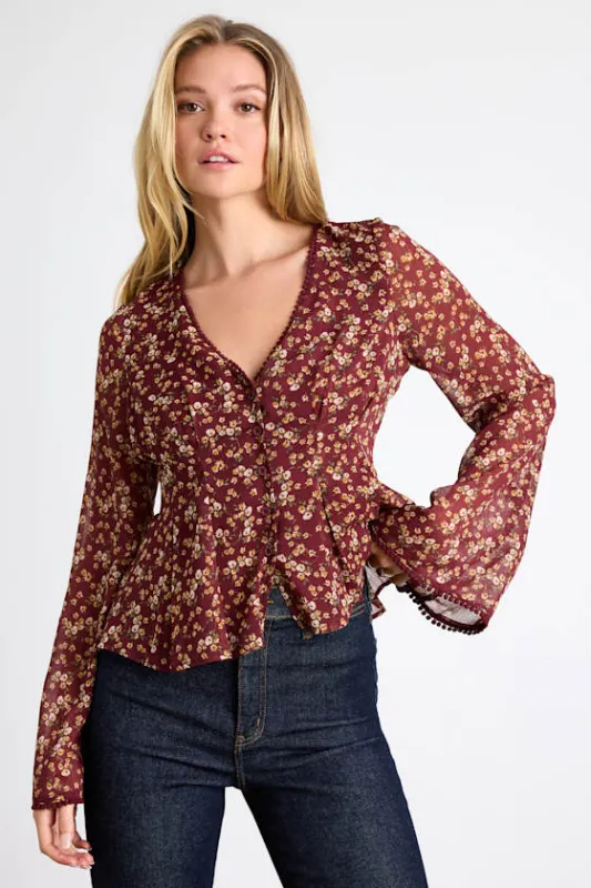 Merryn Burgundy Floral Button-Front Pleated Long Sleeve Top sold by Lulus