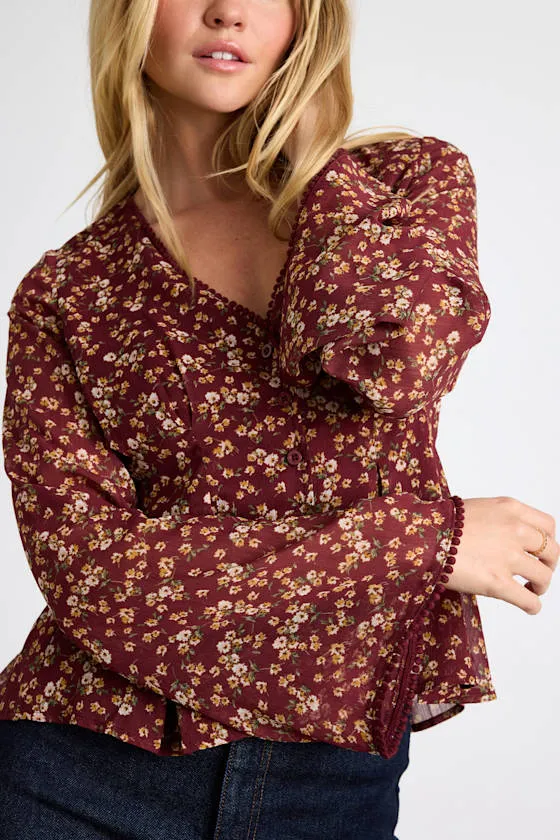Merryn Burgundy Floral Button-Front Pleated Long Sleeve Top sold by Lulus product image thumbnail 2