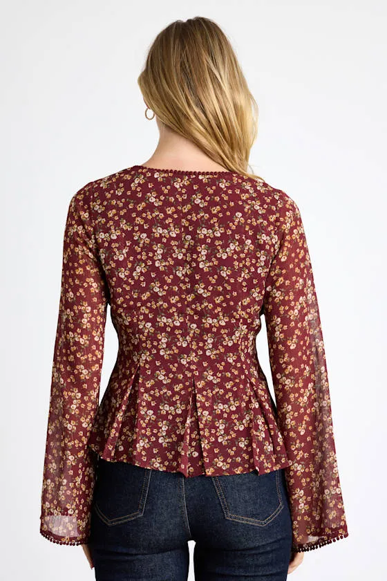 Merryn Burgundy Floral Button-Front Pleated Long Sleeve Top sold by Lulus product image thumbnail 3