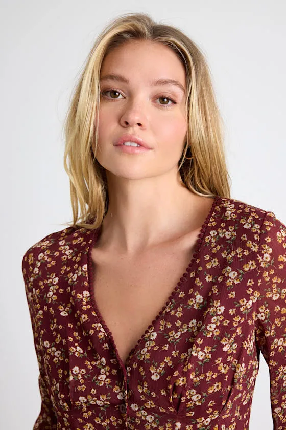 Merryn Burgundy Floral Button-Front Pleated Long Sleeve Top sold by Lulus product image thumbnail 4