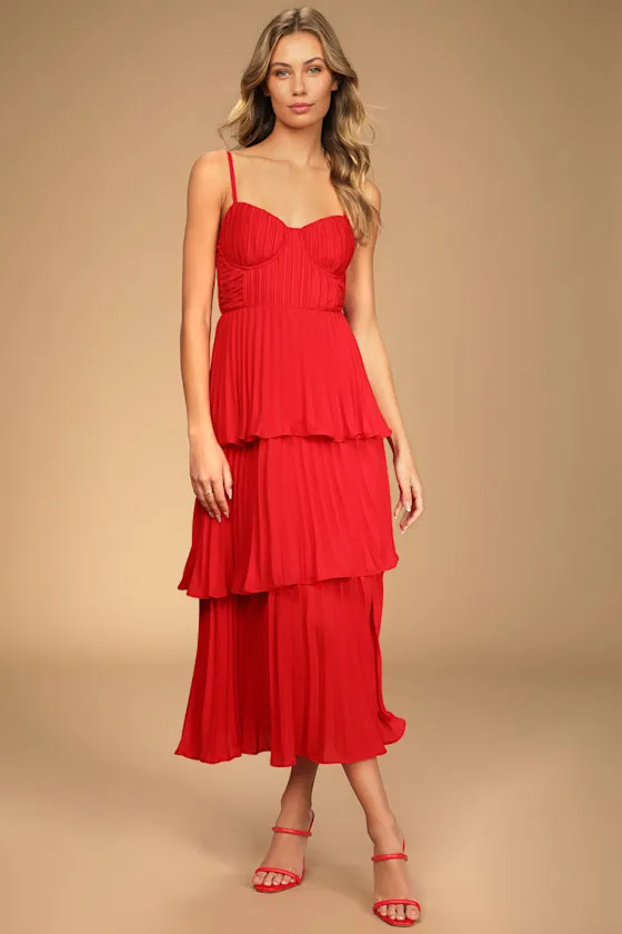 Cascading Crush Red Tiered Bustier Midi Dress sold by Lulus