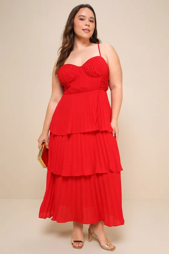 Cascading Crush Red Tiered Bustier Midi Dress sold by Lulus product image thumbnail 2