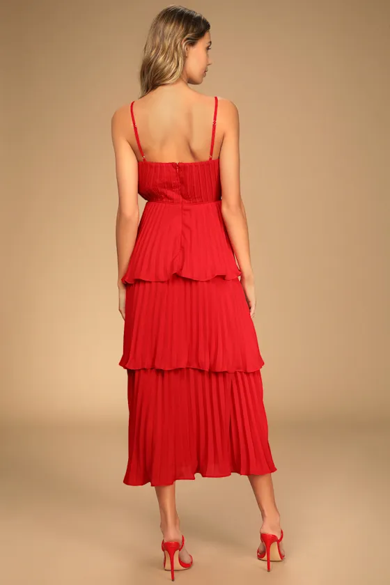 Cascading Crush Red Tiered Bustier Midi Dress sold by Lulus product image thumbnail 3