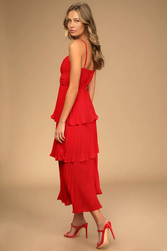 Cascading Crush Red Tiered Bustier Midi Dress sold by Lulus product image thumbnail 4