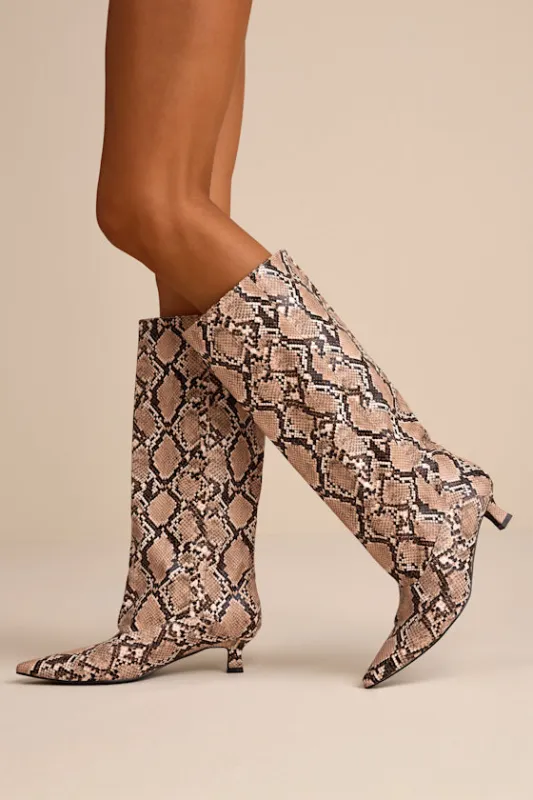 Alexandria Snake Knee-High Kitten Heel Boots sold by Lulus