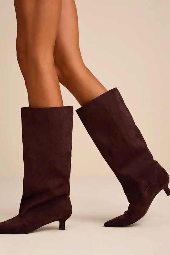 Alexandria Chocolate Suede Knee-High Kitten Heel Boots sold by Lulus