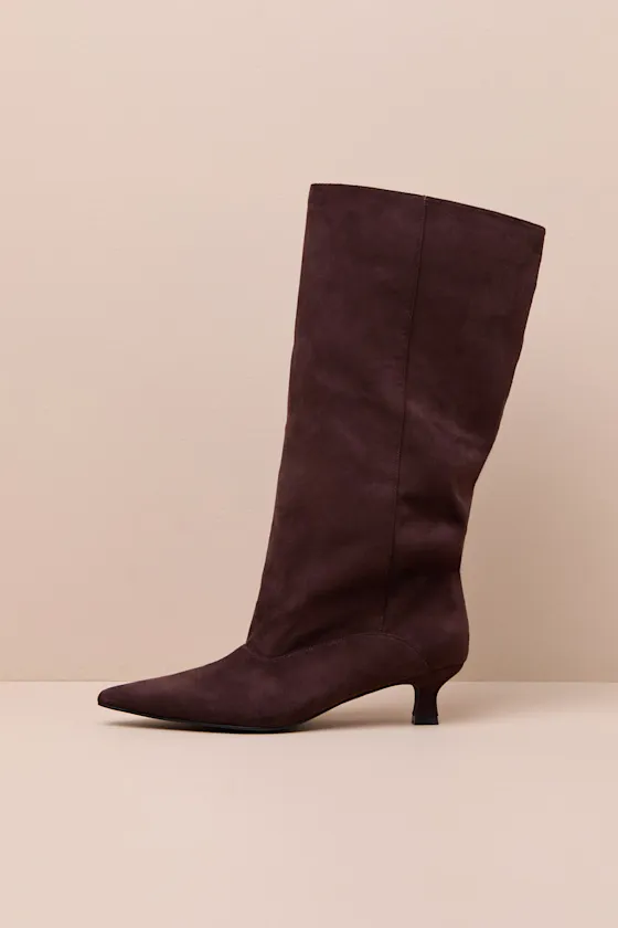 Alexandria Chocolate Suede Knee-High Kitten Heel Boots sold by Lulus product image thumbnail 2