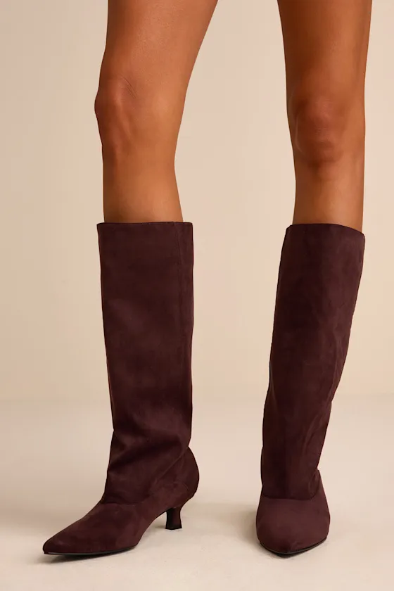Alexandria Chocolate Suede Knee-High Kitten Heel Boots sold by Lulus product image thumbnail 3
