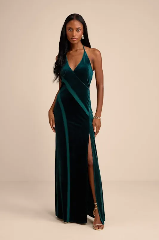 Maxwell Dark Green Velvet Halter Maxi Dress sold by Lulus