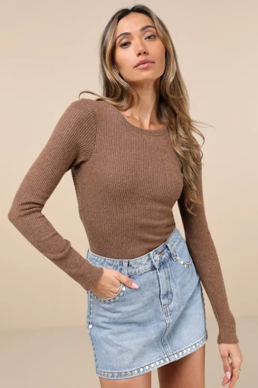 Everyday Babe Heather Brown Ribbed Long Sleeve Cutout Bodysuit sold by Lulus