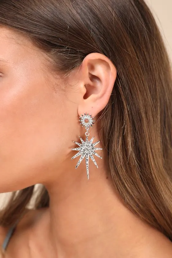 Starrey Silver Rhinestone Starburst Earrings sold by Lulus