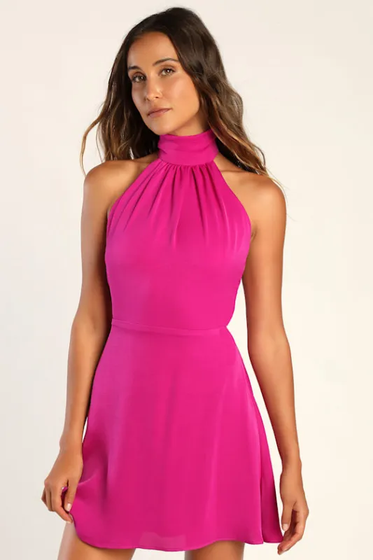 Give 'Em Glam Magenta Satin Sleeveless Halter Mini Dress sold by Lulus