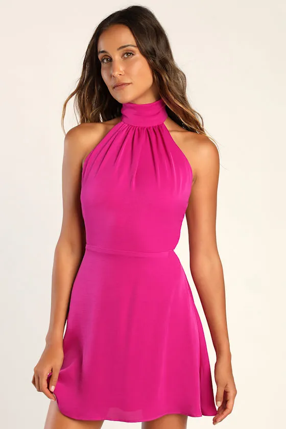 Give 'Em Glam Magenta Satin Sleeveless Halter Mini Dress sold by Lulus