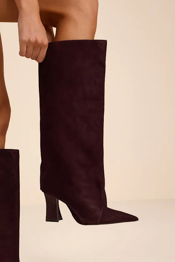 Terry Up Dark Plum Suede Leather Knee-High Boots sold by Lulus