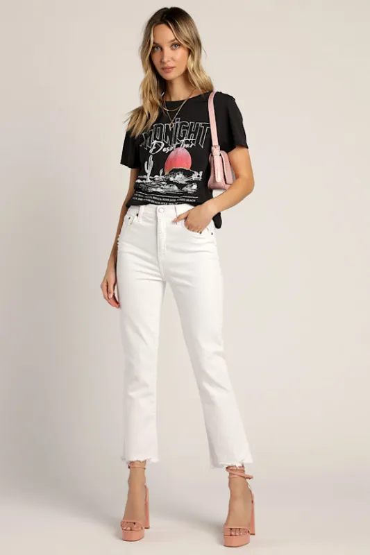 Shy Girl White High-Waisted Cropped Distressed Flare Jeans sold by Lulus