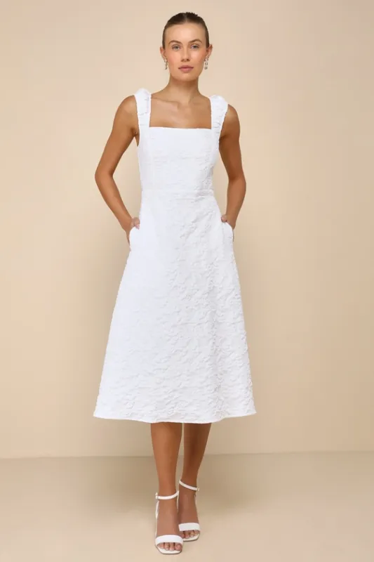 Springtime Aura White Jacquard Lace-Up Midi Dress with Pockets sold by Lulus