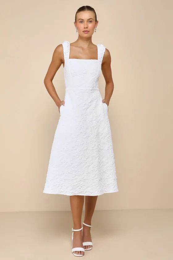 Springtime Aura White Jacquard Lace-Up Midi Dress with Pockets sold by Lulus
