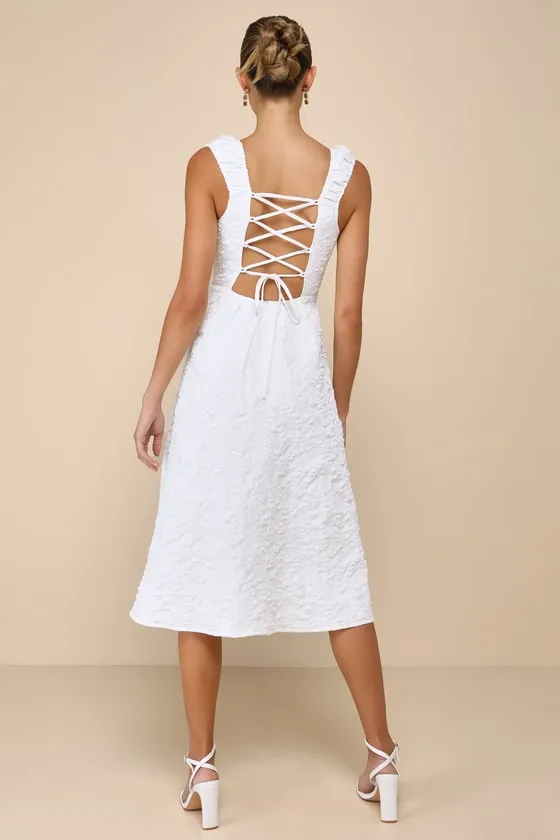 Springtime Aura White Jacquard Lace-Up Midi Dress with Pockets sold by Lulus product image thumbnail 2