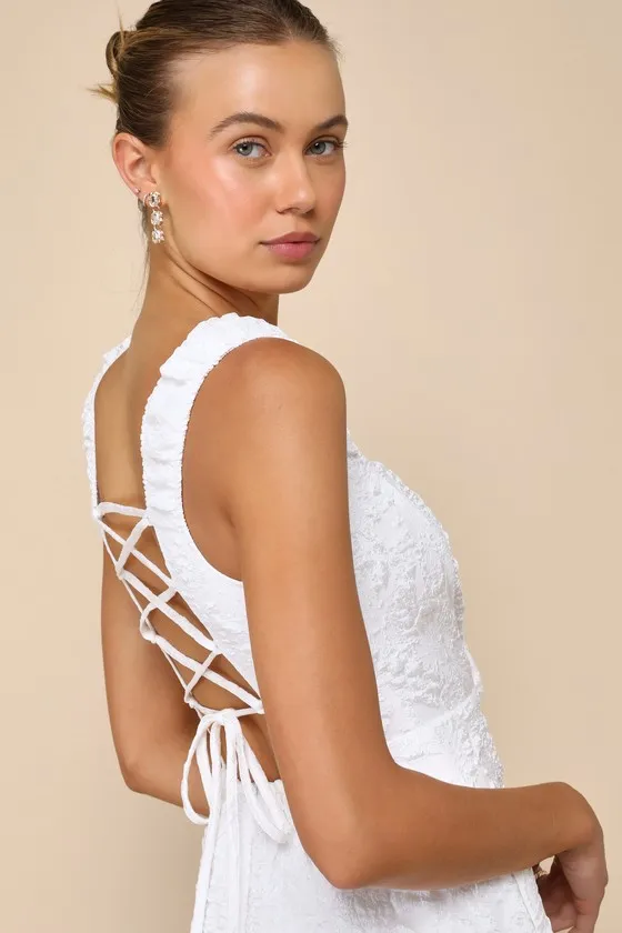 Springtime Aura White Jacquard Lace-Up Midi Dress with Pockets sold by Lulus product image thumbnail 3