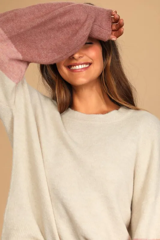Cold Front Cream Color Block Knit Oversized Sweater made by Lulus