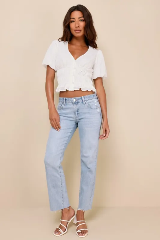 Essential Effect Light Wash Mid Rise Straight Leg Raw Hem Jeans sold by Lulus