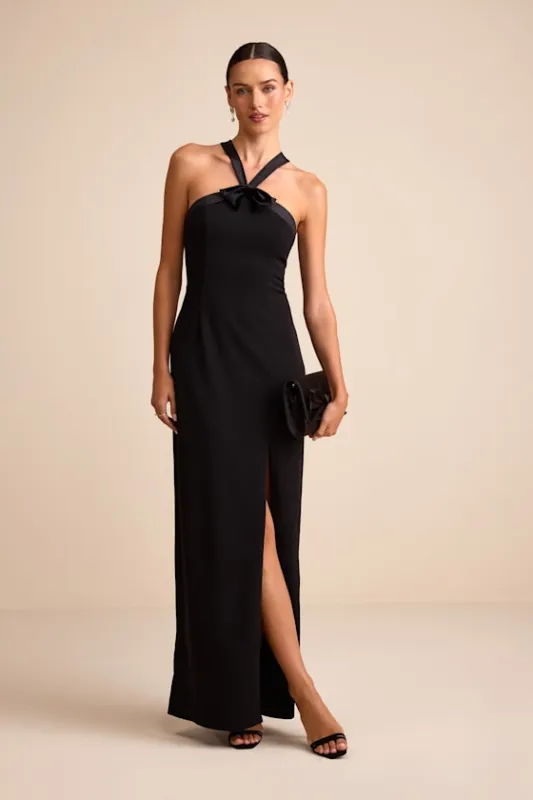 Bisian Black Velvet Bow Backless Apron Maxi Dress sold by Lulus
