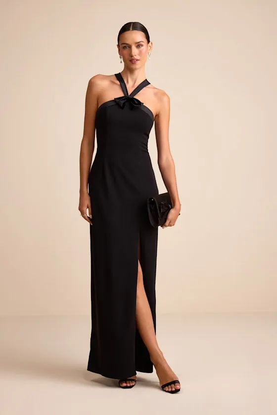Bisian Black Velvet Bow Backless Apron Maxi Dress sold by Lulus