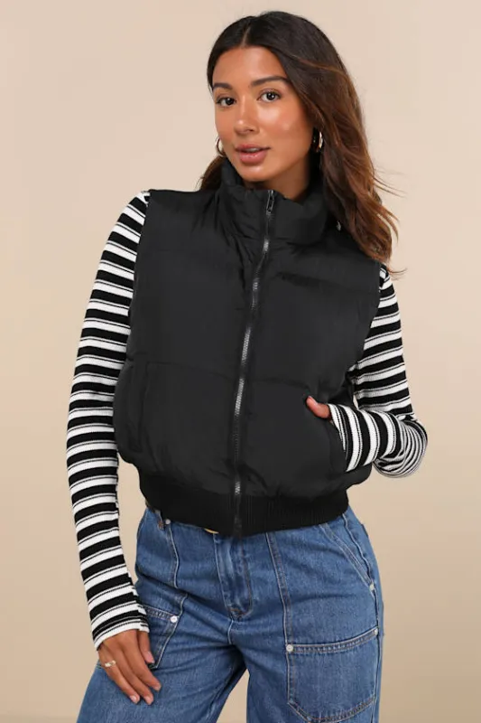 Warm Aesthetic Black Mock Neck Puffer Vest sold by Lulus