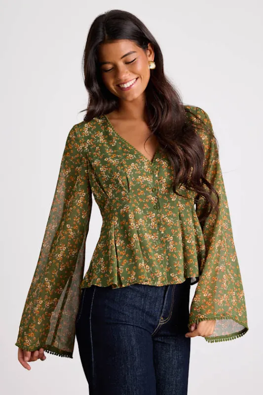 Merryn Olive Green Floral Button-Front Pleated Long Sleeve Top sold by Lulus