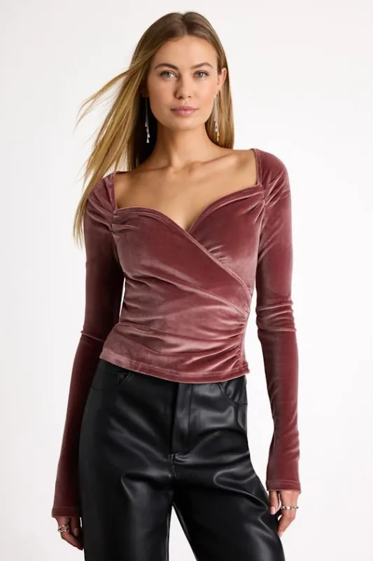 Tati Dark Mauve Velvet Surplice Long Sleeve Top sold by Lulus