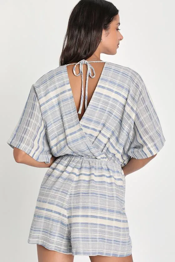 Coastal Cruise Blue and Beige Striped Short Sleeve Romper sold by Lulus product image thumbnail 2