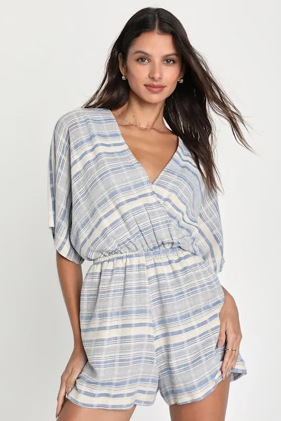 Coastal Cruise Blue and Beige Striped Short Sleeve Romper sold by Lulus product image thumbnail 3