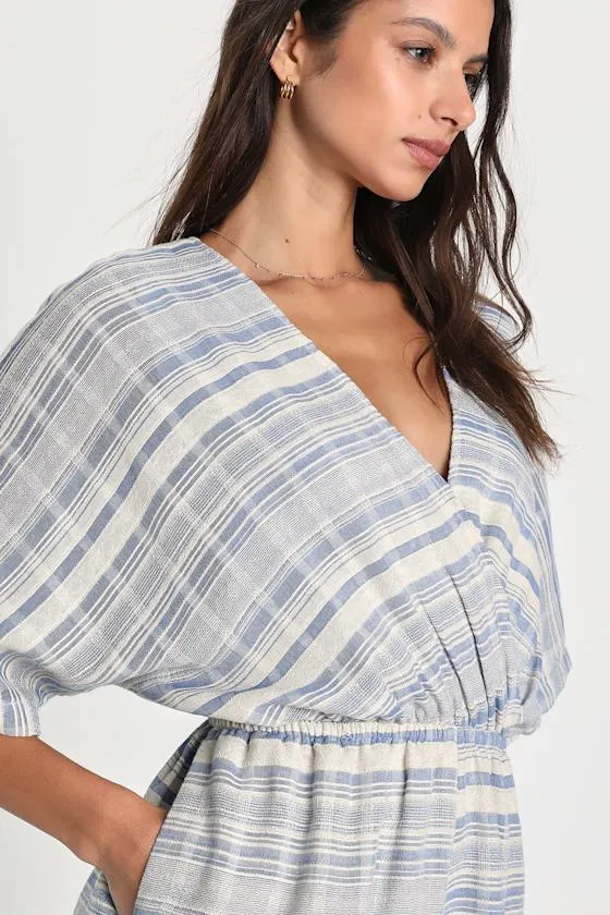 Coastal Cruise Blue and Beige Striped Short Sleeve Romper sold by Lulus product image thumbnail 4