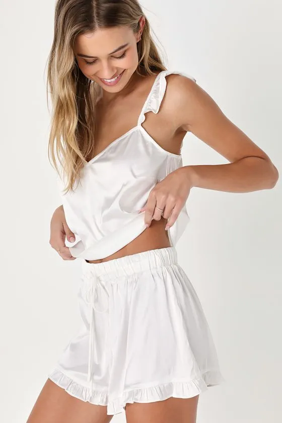 Sleepy Sweetheart Ivory Satin Ruffled Two-Piece Pajama Set sold by Lulus