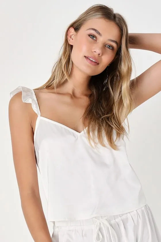 Sleepy Sweetheart Ivory Satin Ruffled Two-Piece Pajama Set sold by Lulus product image thumbnail 4